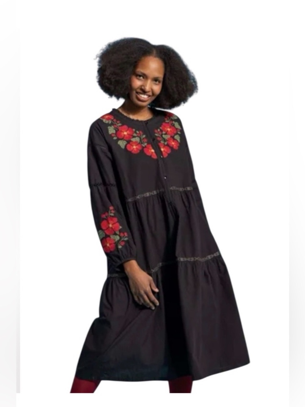Gudrun Sjoden Aland Black Embroidered Flower Tiered Dress XXL
